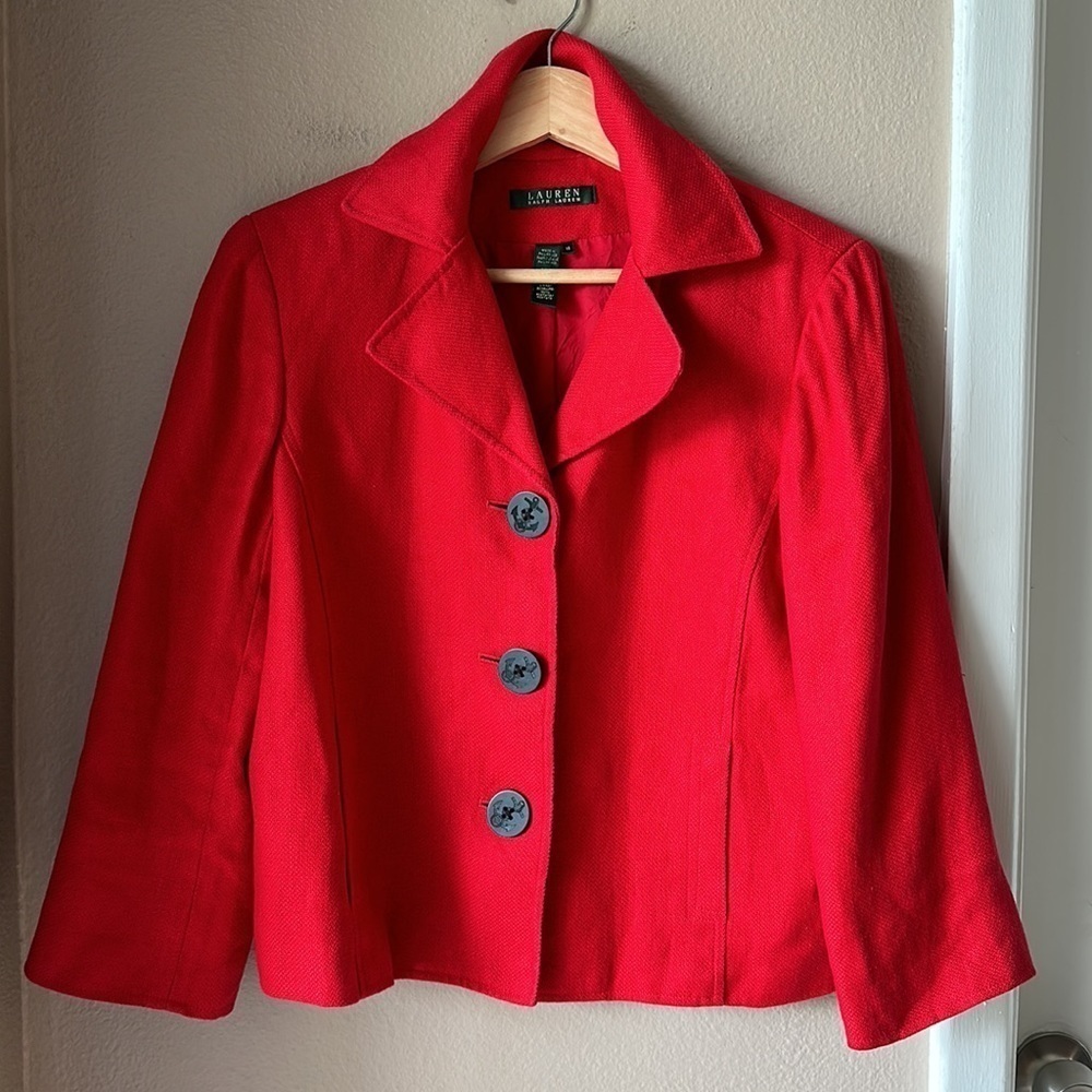 LAUREN RALPH LAUREN Red Linen 3/4 Sleeve Cropped Nautical Jacket - Picture 2 of 8